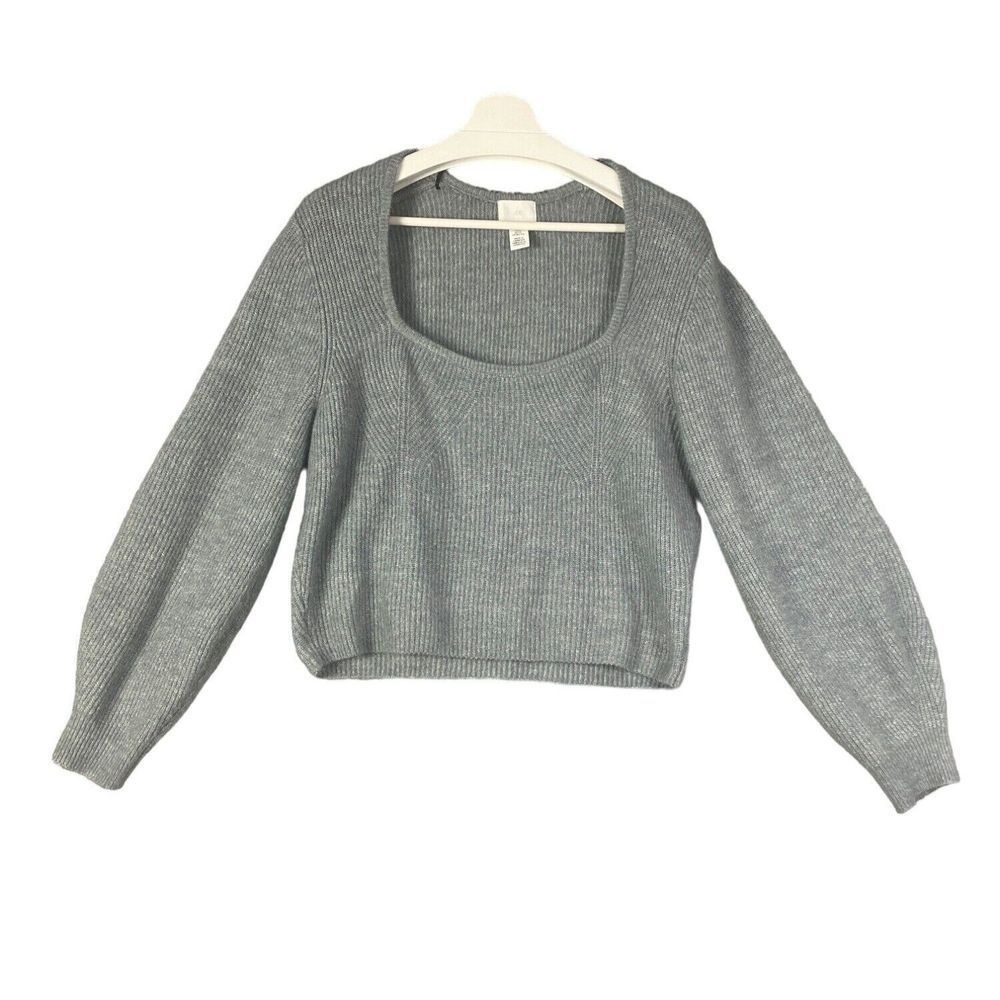 H&M Women Ballet Chunky Minimalist Square Neck Sweater XL Grey Balloon Sleeve